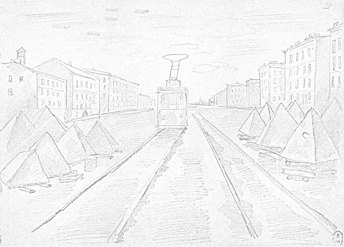 Трамвай в Ленинграде на улице с палатками, домами и облаками