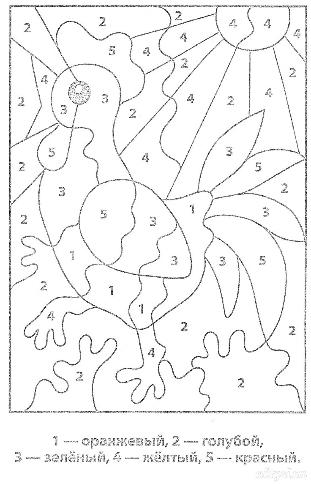 Раскраска Раскраска по номерам - Петух на фоне солнца и листвы