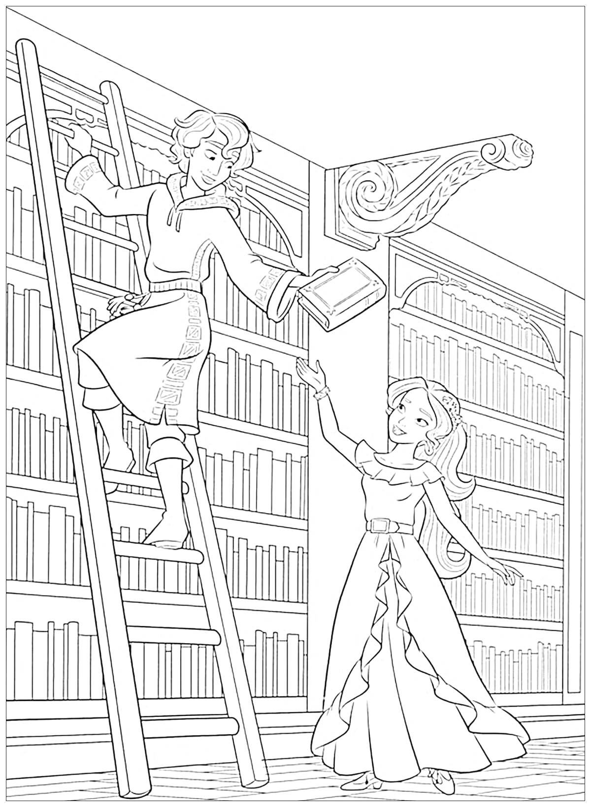 Раскраска Парень на лестнице передаёт книгу девушке в длинном платье в библиотеке