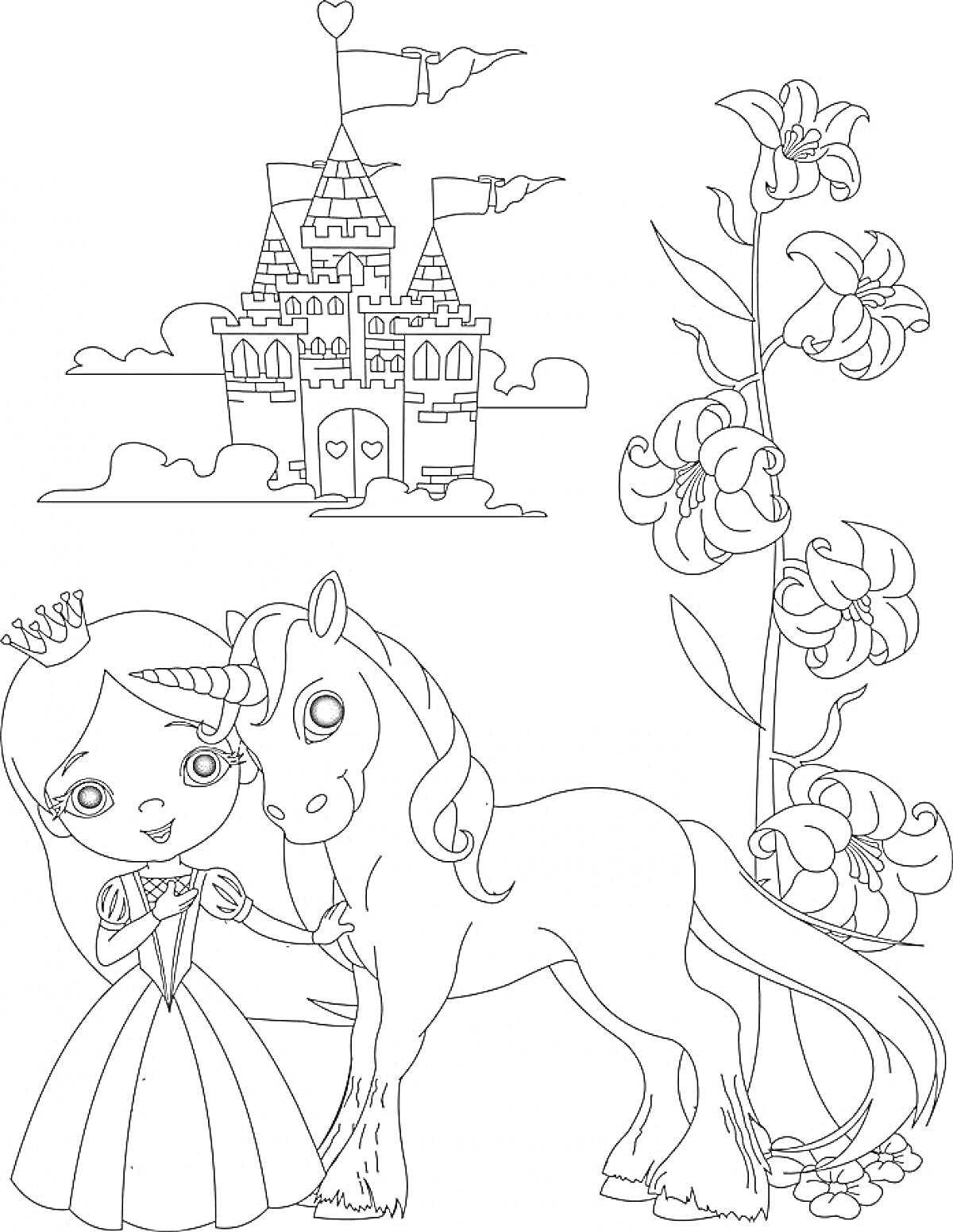 Раскраска Принцесса с Единорогом возле Замка и Цветов