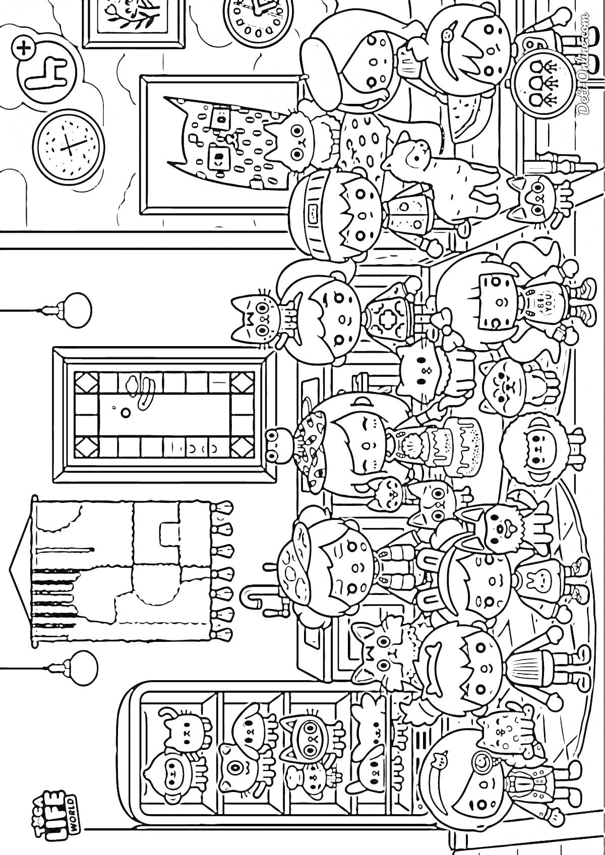 На раскраске изображено: Toca Life World, Комната, Мягкие игрушки, Городской вид, Настенные часы, Диван