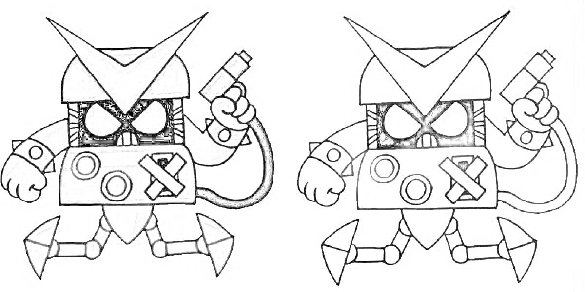 Раскраска Робот 8 бит с пистолетом, две версии, одна цветная и одна черно-белая