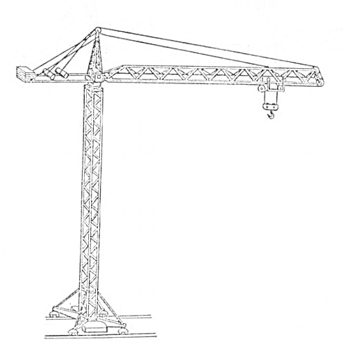 На раскраске изображено: Башенный кран, Строительный кран, Крюк, Опоры, Строительная техника