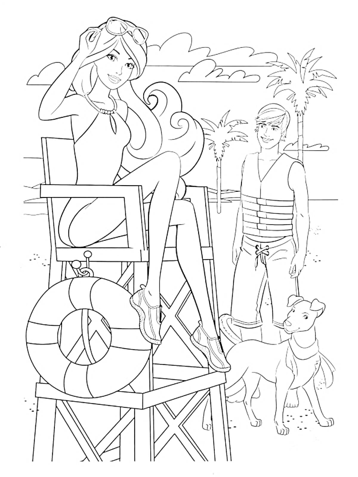 Раскраска Барби и Кен на пляже с собакой, спасательная вышка, спасательный круг, пальмы и облака
