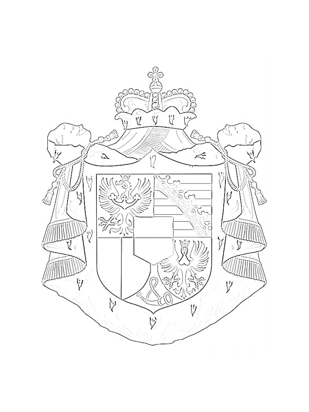 Раскраска Герб с короной и мантией, орел с расправленными крыльями, щит с узорами