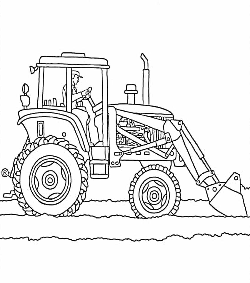 Раскраска Трактор с ковшом и водителем на земле