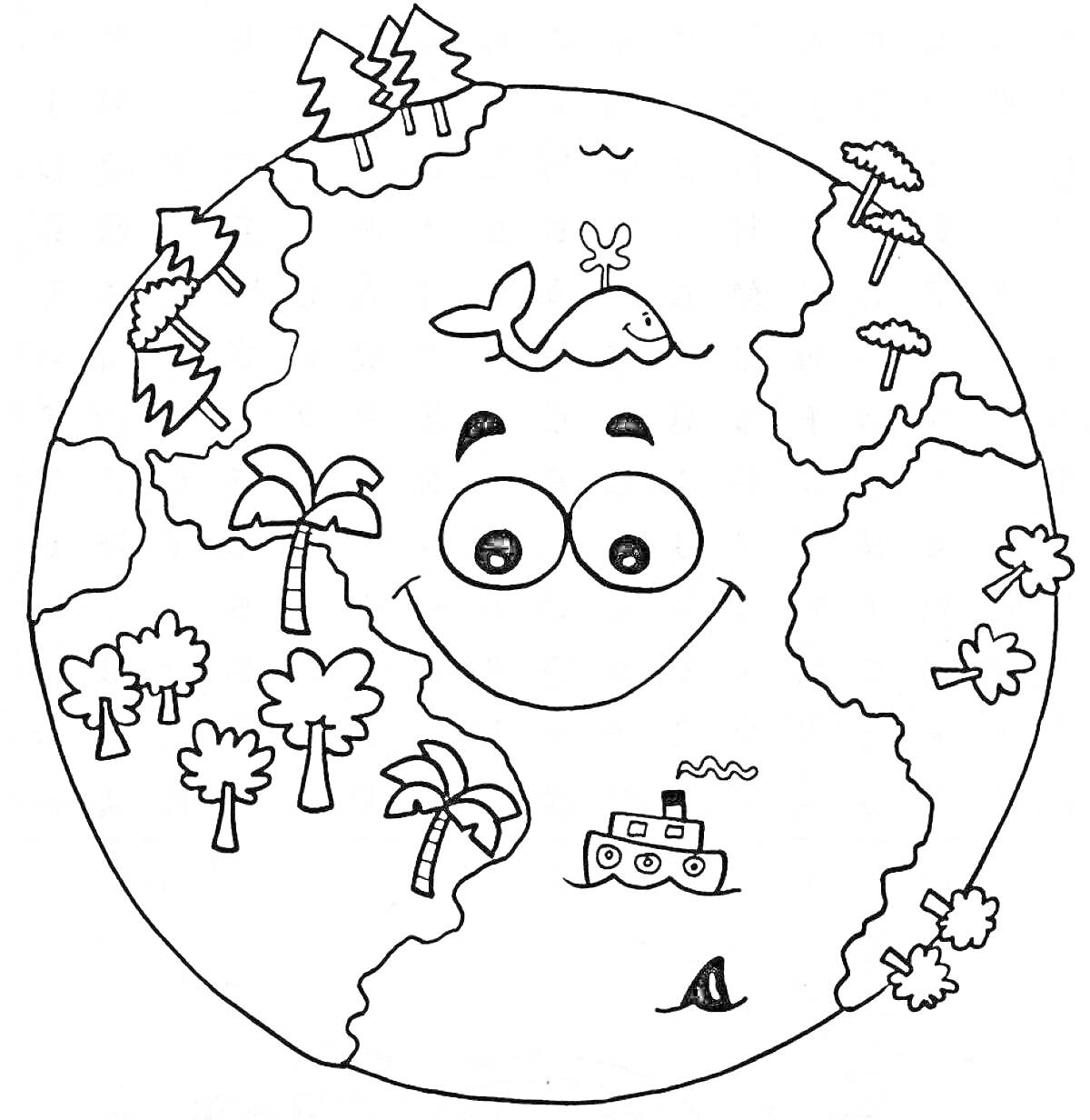На раскраске изображено: Экология, Природа, Земля, Деревья, Корабль, Планеты, Животные, Киты, Океаны