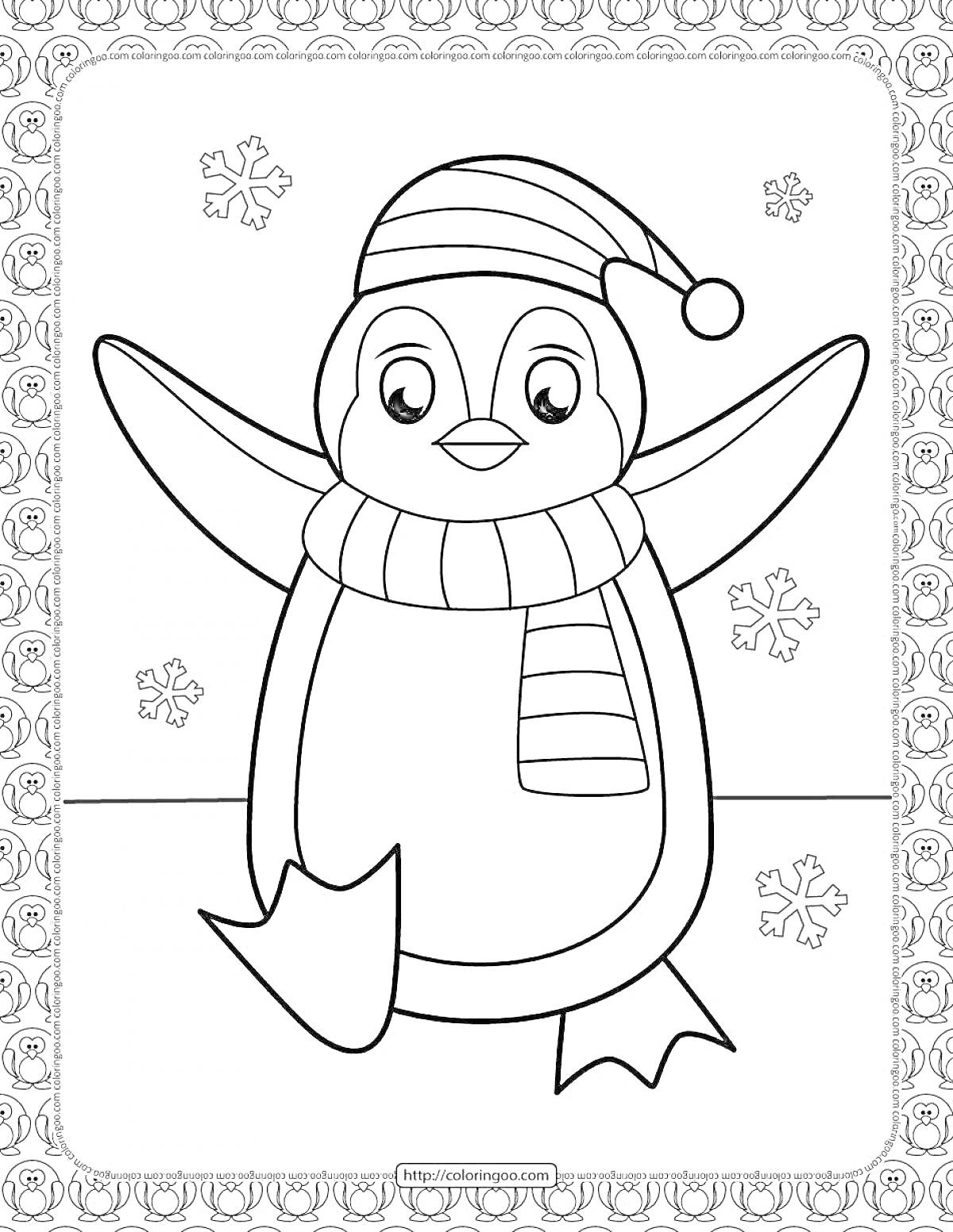 Раскраска Пингвин в шапке и шарфе на фоне снежинок