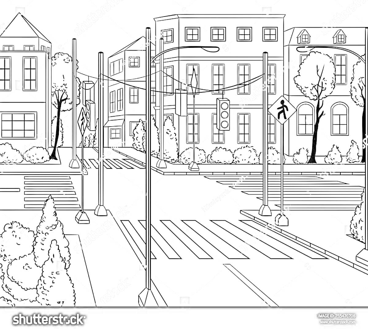 Раскраска Перекресток с пешеходным переходом, светофорами, дорожными знаками, деревьями и зданиями в городской среде