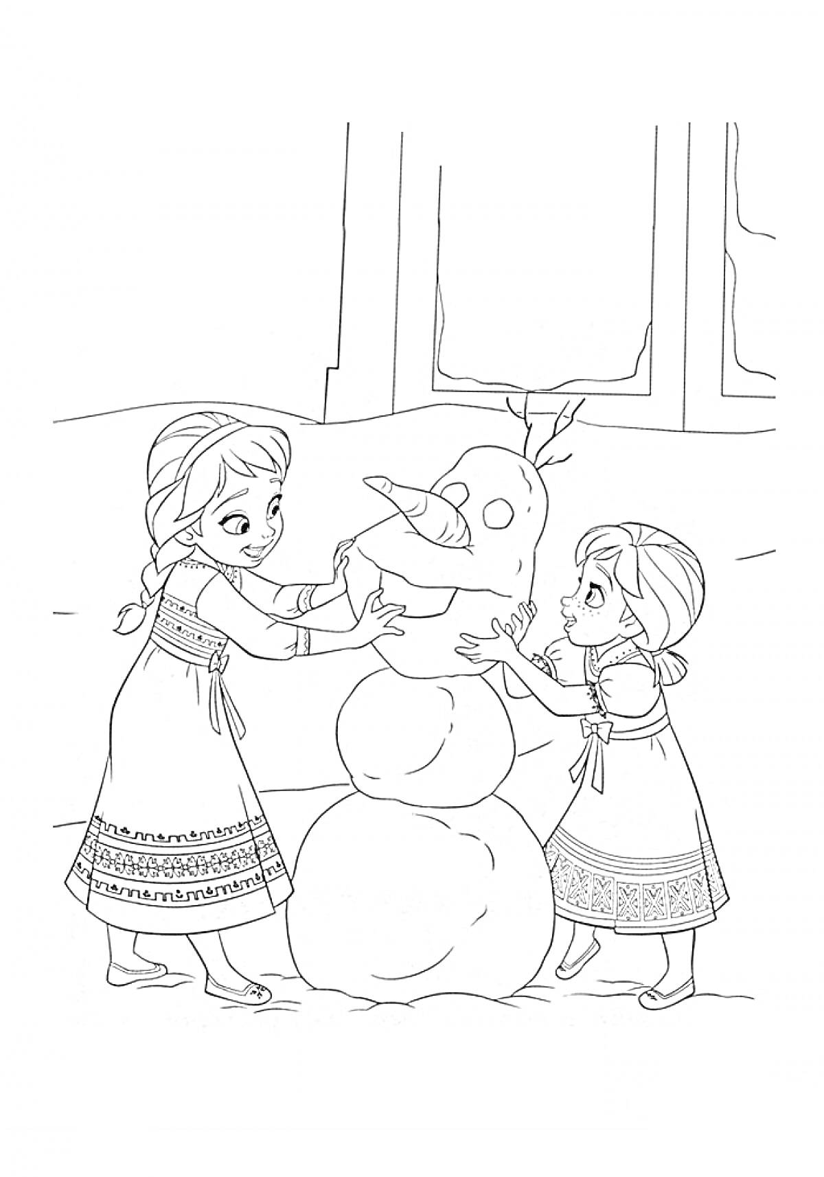 Раскраска Две девочки лепят снеговика в помещении возле окна