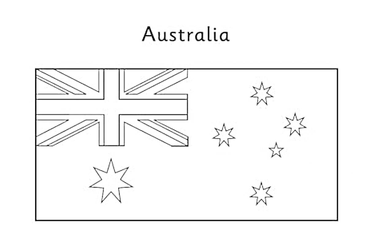 Раскраска флаг Австралии с изображением пяти звезд созвездия Южного Креста и большой семиконечной звезды Содружества, а также с юнионджеком в верхнем левом углу