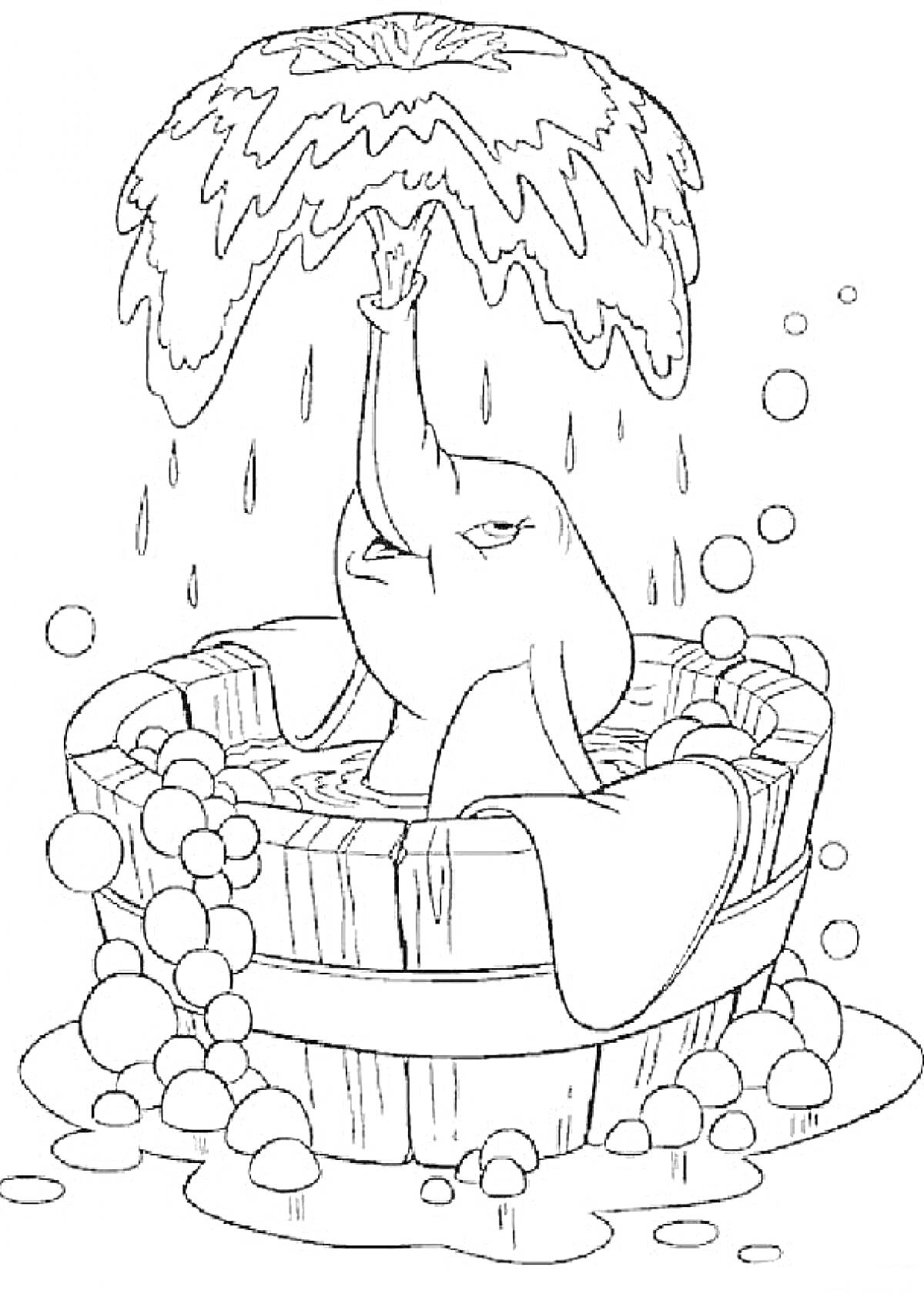 Слоненок в дубовой бочке, поливающий себя водой из хобота