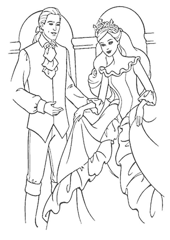 Барби и Кен на балу, Барби в длинном платье с короной, Кен в костюме с рюшем, арка на заднем плане