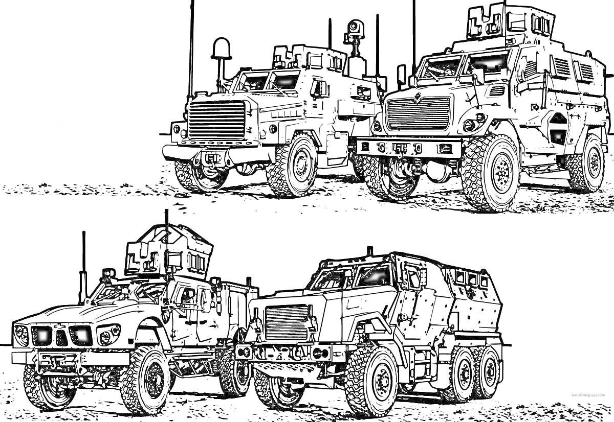 Раскраска Военные машины с антенной, броней и пушками, в количестве четырех, изображены на фоне пустынной местности