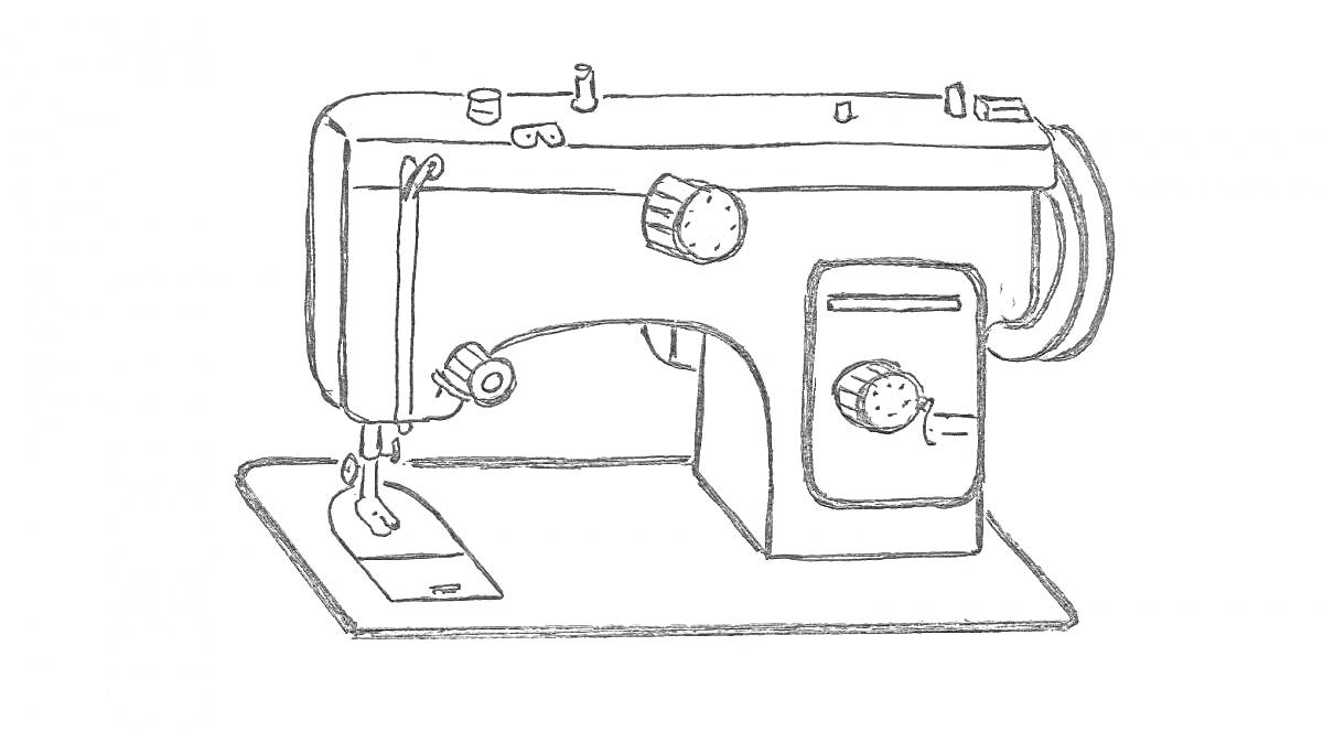 Раскраска Швейная машина с ручками управления и игловодителем
