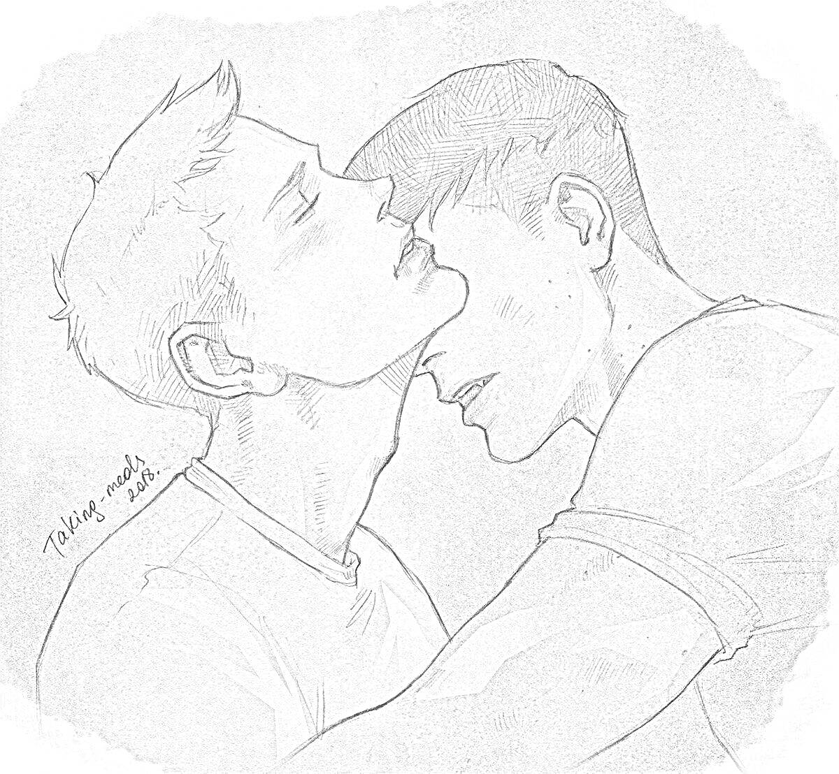 Два мужчины принимают тёплое объятие друг друга, один целует шею другого