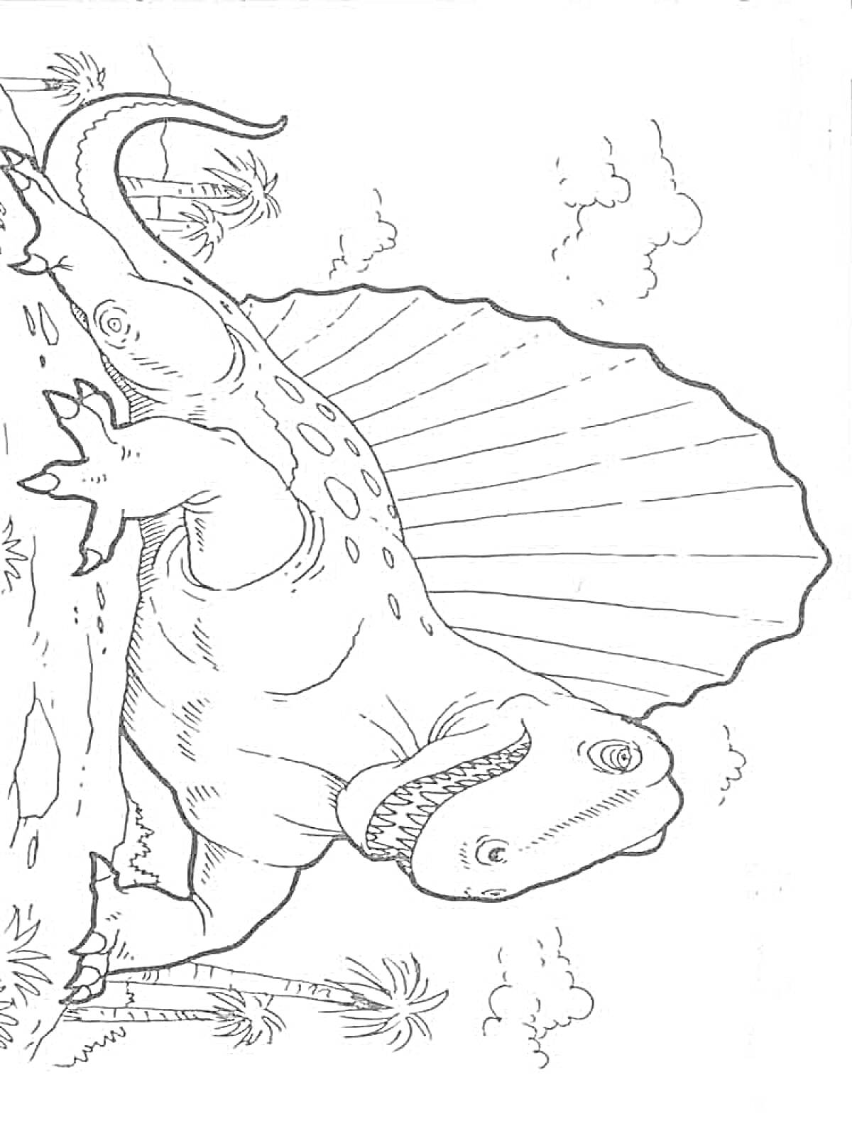 Раскраска Динозавр Диметродон у скалы с пальмами и облаками
