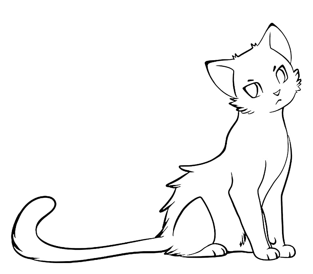 Contour drawing of a sitting cat with a long tail, looking slightly to its left, inspired by 