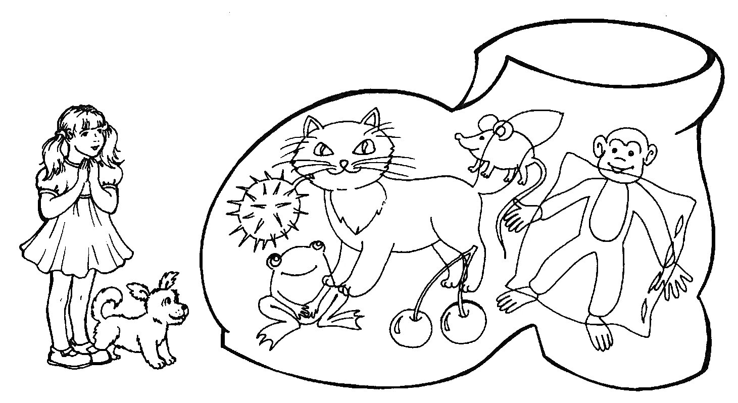 Раскраска девочка, собака, орех, кошка, лягушка, вишня, мышь, обезьяна