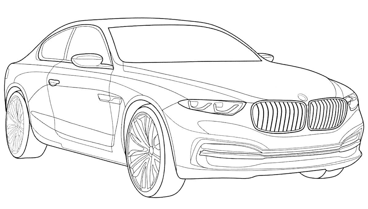 Раскраска Линия окраски автомобиля BMW M4, показан вид спереди и сбоку, видны детали кузова, дверей, фар, колес и решетки радиатора