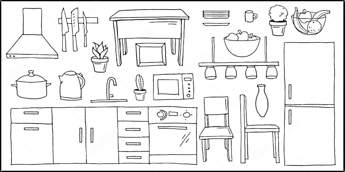 Раскраска Кухонная мебель и утварь