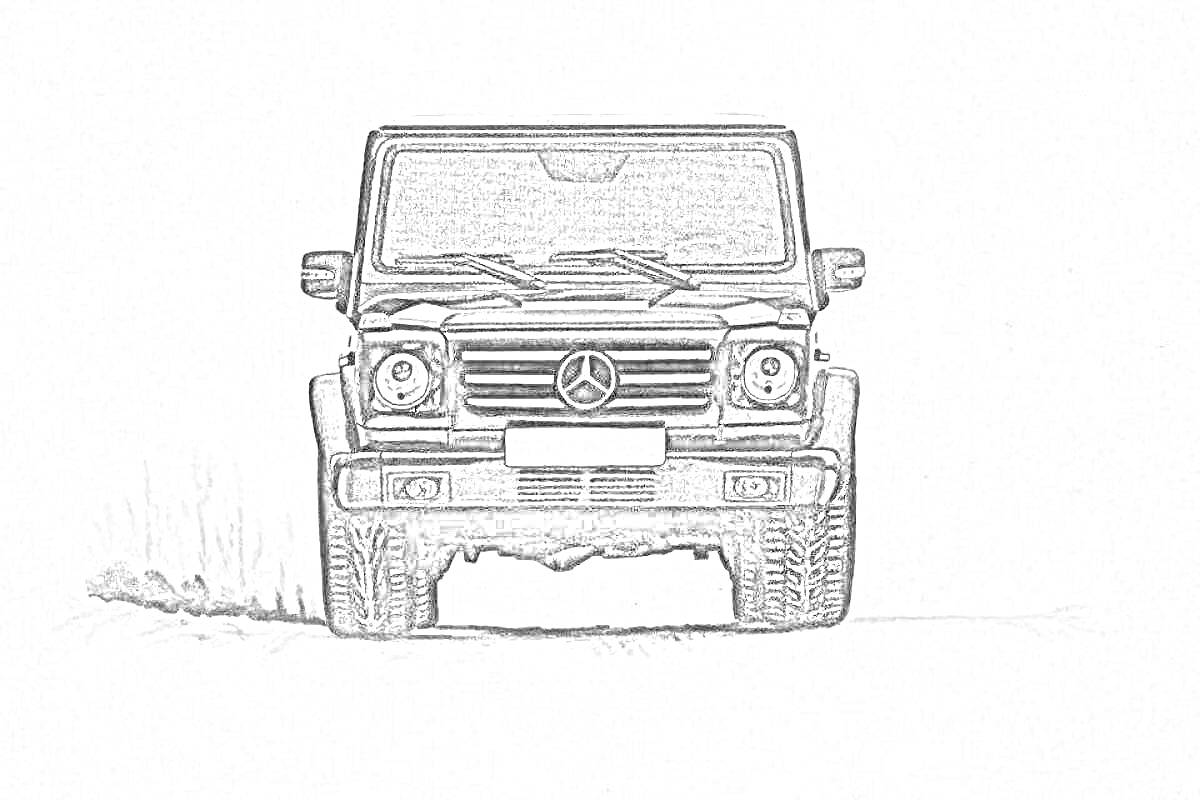 Черно-белая раскраска автомобиля Mercedes-Benz G-класса на фоне открытого пространства