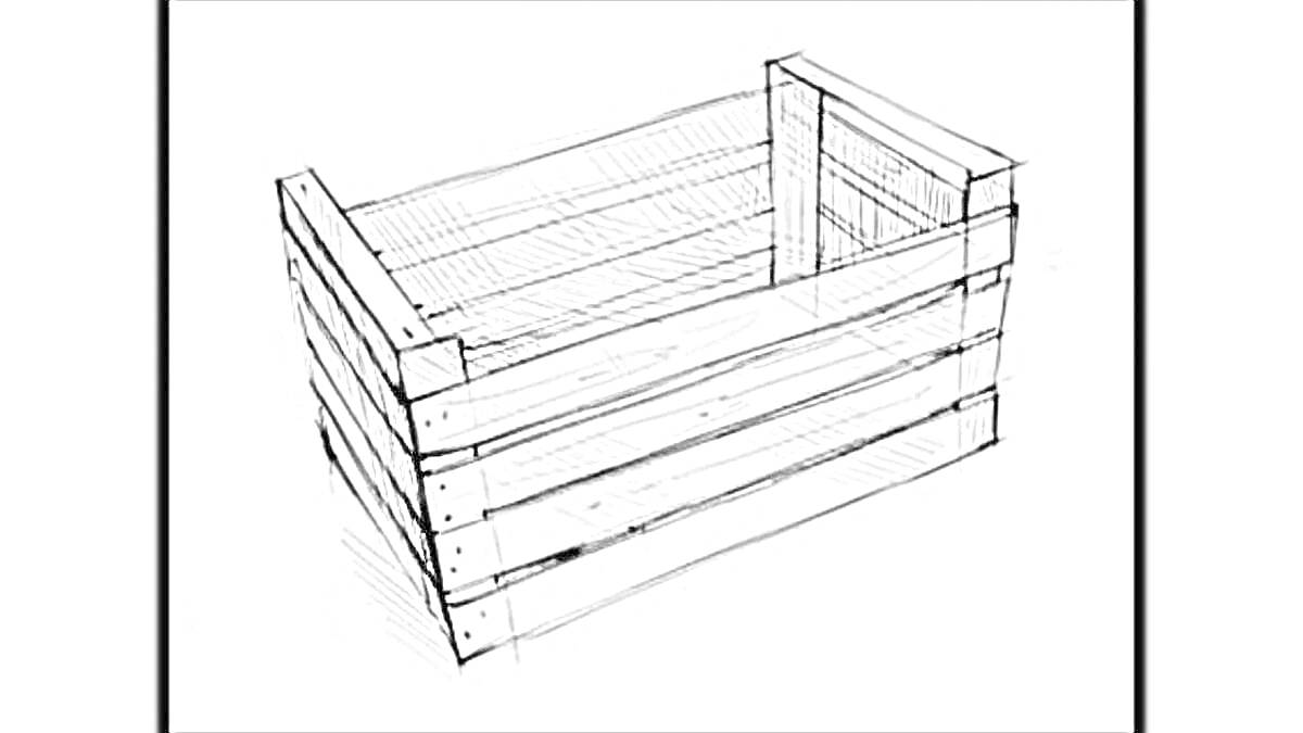 Раскраска Деревянный ящик с горизонтальными и вертикальными досками и гвоздями на углах
