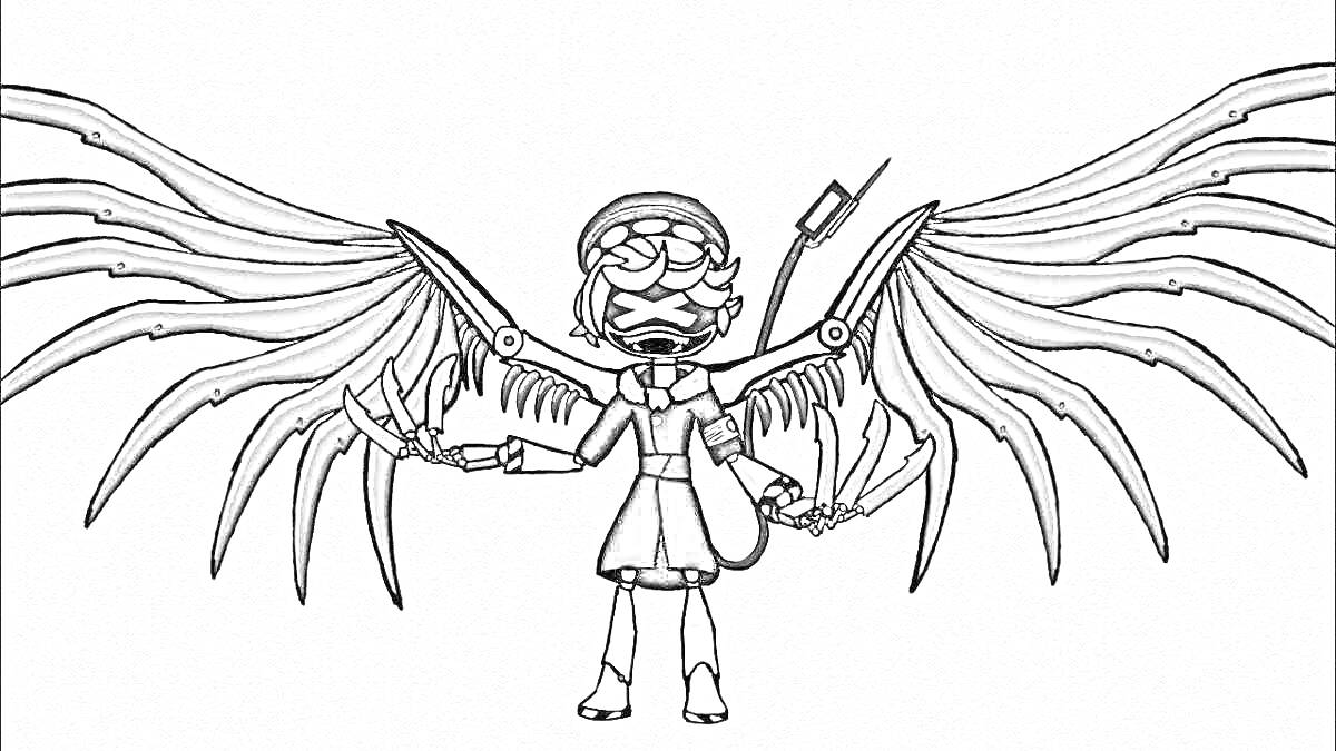 Раскраска Девочка с механическими крыльями и оружием в руках