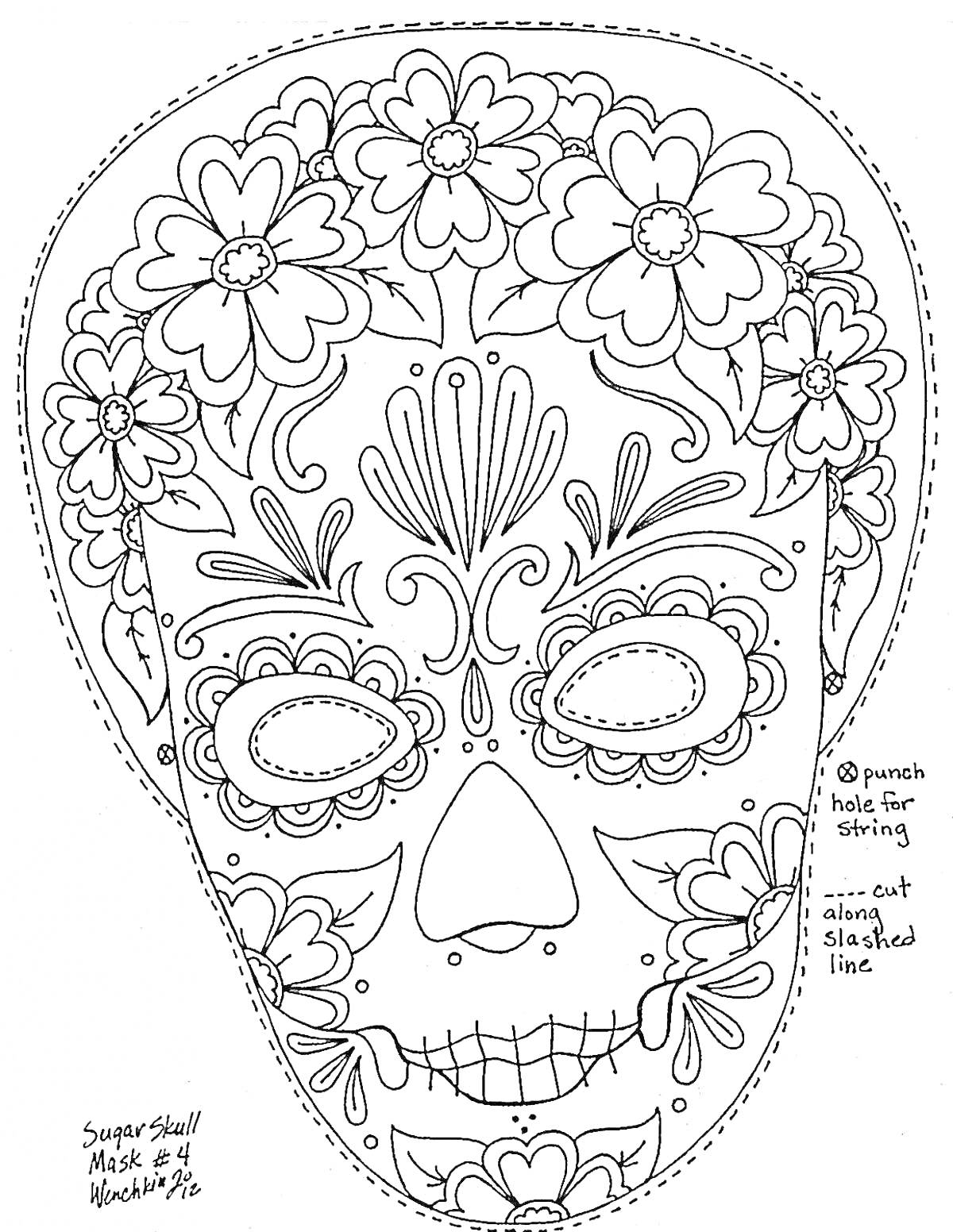 Раскраска Маска в виде черепа с цветочными узорами