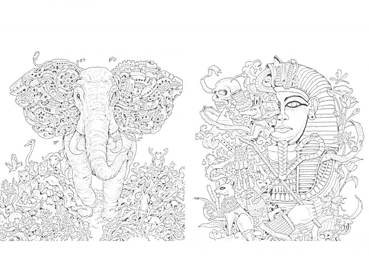 На раскраске изображено: Слон, Фараон, Череп, Цветы, Механизмы, Детали, Искусство