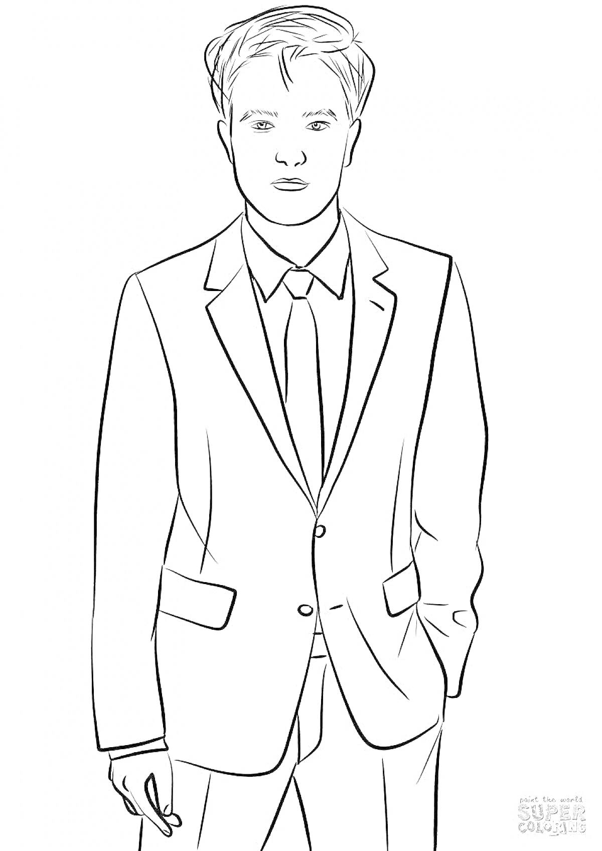 Раскраска Человек в деловом костюме с галстуком и прической, смотрящий вперед