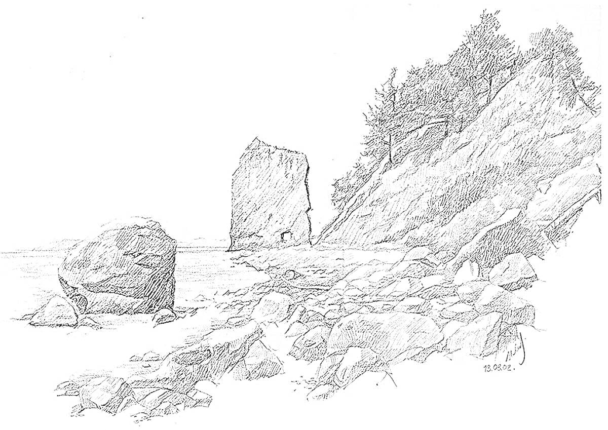 Раскраска Морской пейзаж с большими и малыми камнями, скалой, лесом и береговой линией