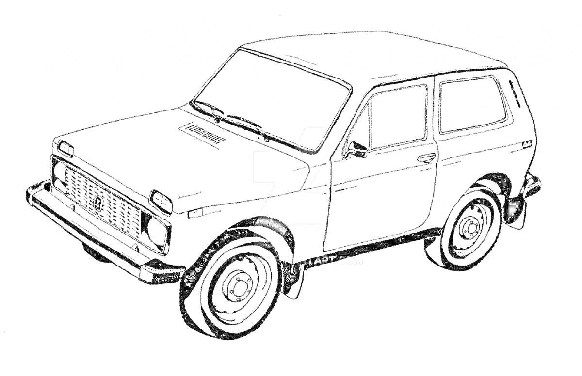 Раскраска Нива 4х4 со всеми элементами кузова, вид спереди-сбоку, колеса, дверные ручки, стеклоочистители