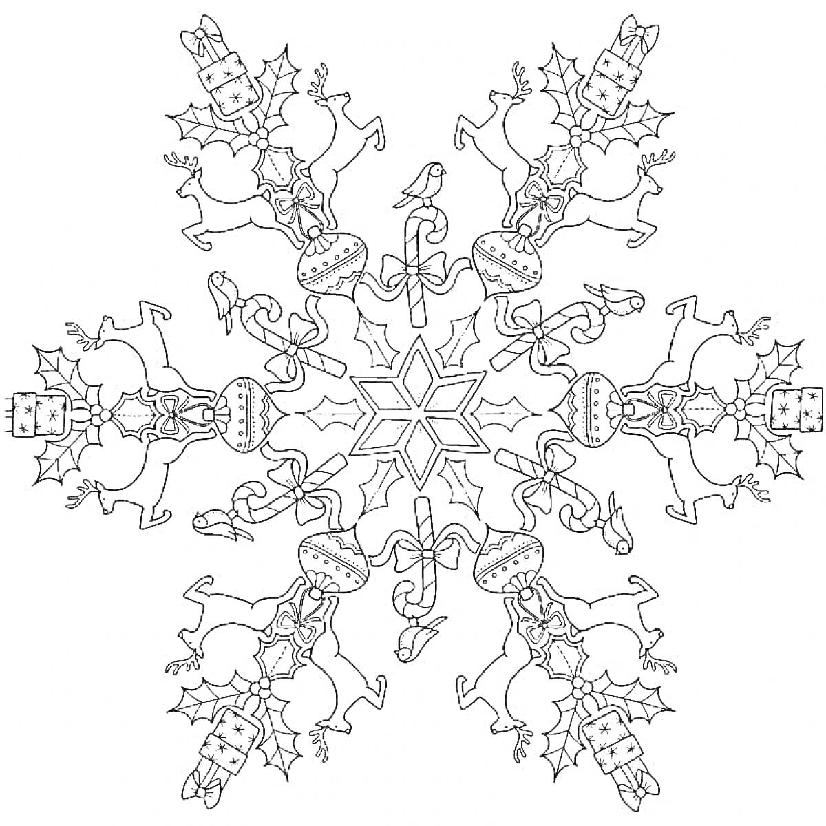 РаскраскаАнтистресс раскраска снежинка с оленями, орнаментами и подарками