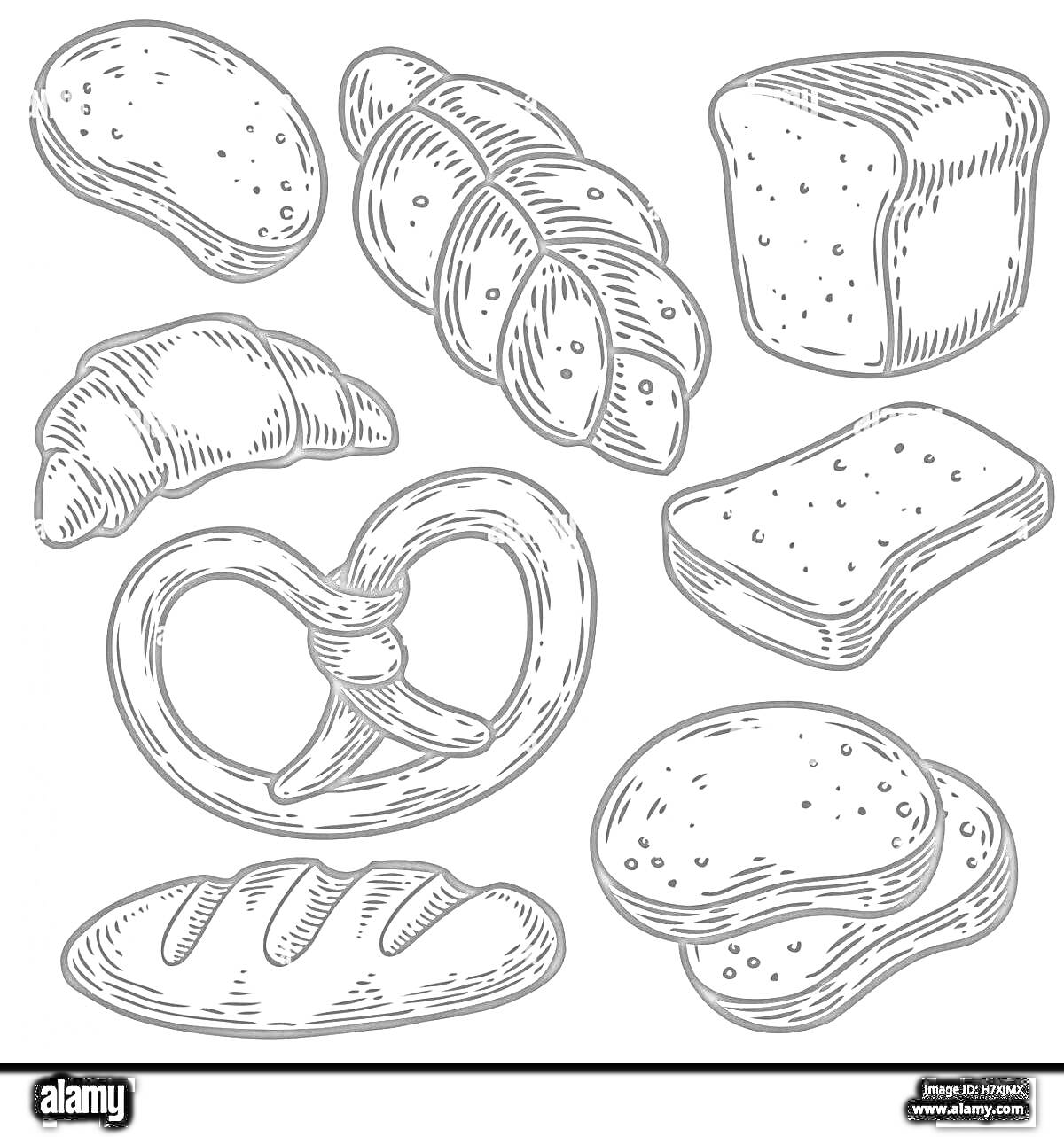 Раскраска Буханка хлеба, багет, крендель, круассан, тосты, булочки, кусочки хлеба