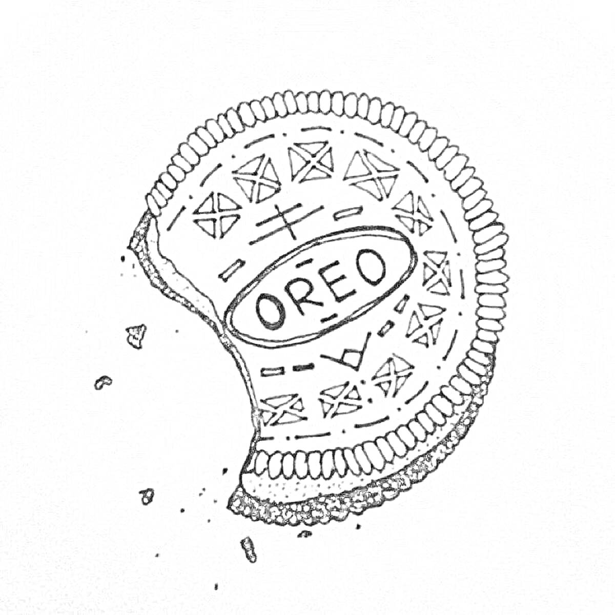 Раскраска Полуразломанное печенье Oreo с орнаментом, крошки