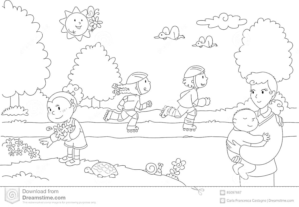 Раскраска Дети на прогулке в парке с мамой и младенцем, солнечный день