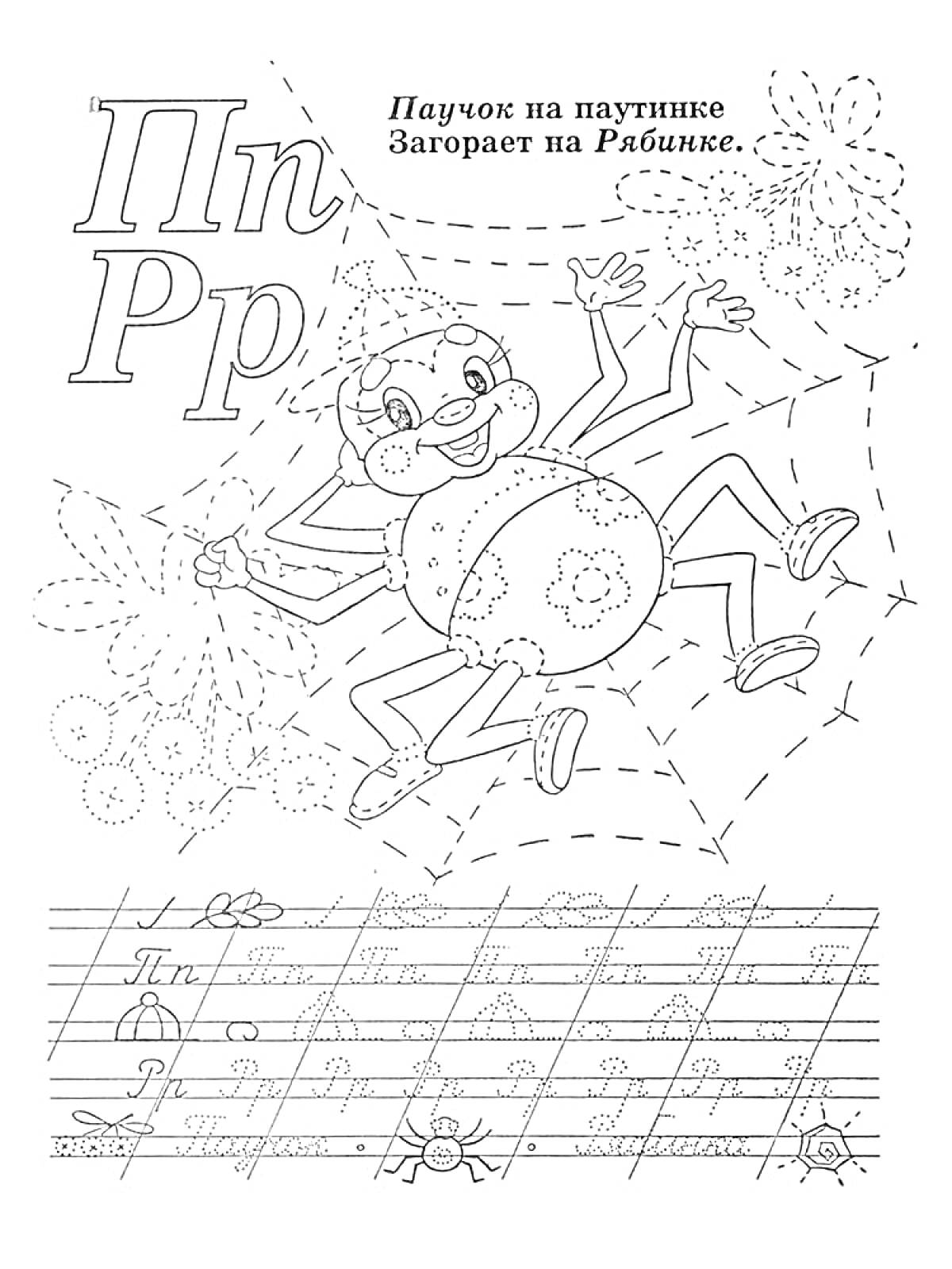 Раскраска Прописи буквы П и Р, паучок на паутинке, загорает на рыбике, черно-белая раскраска с буквами и предложением для обведения, изображение паучка на паутине