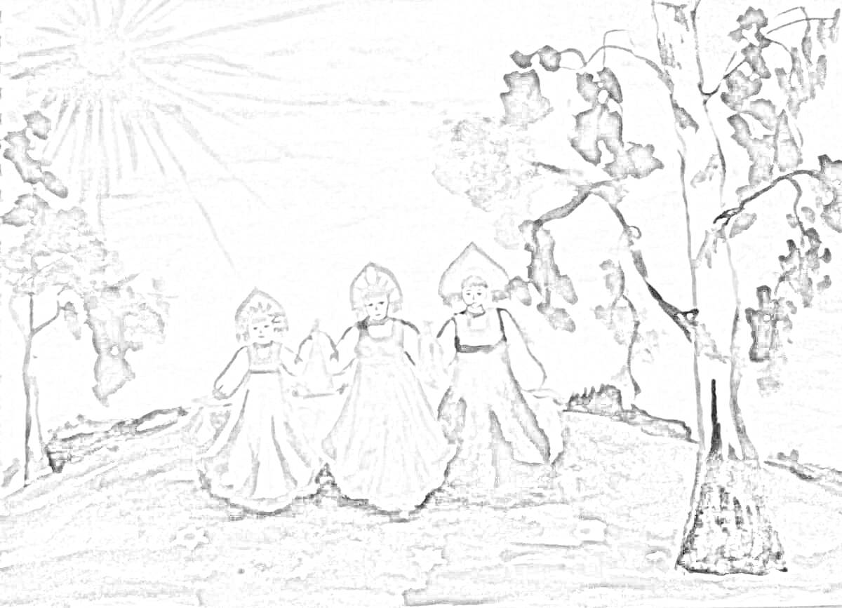 Раскраска Девушки в национальных костюмах, березки, солнце, поле, цветы, небо