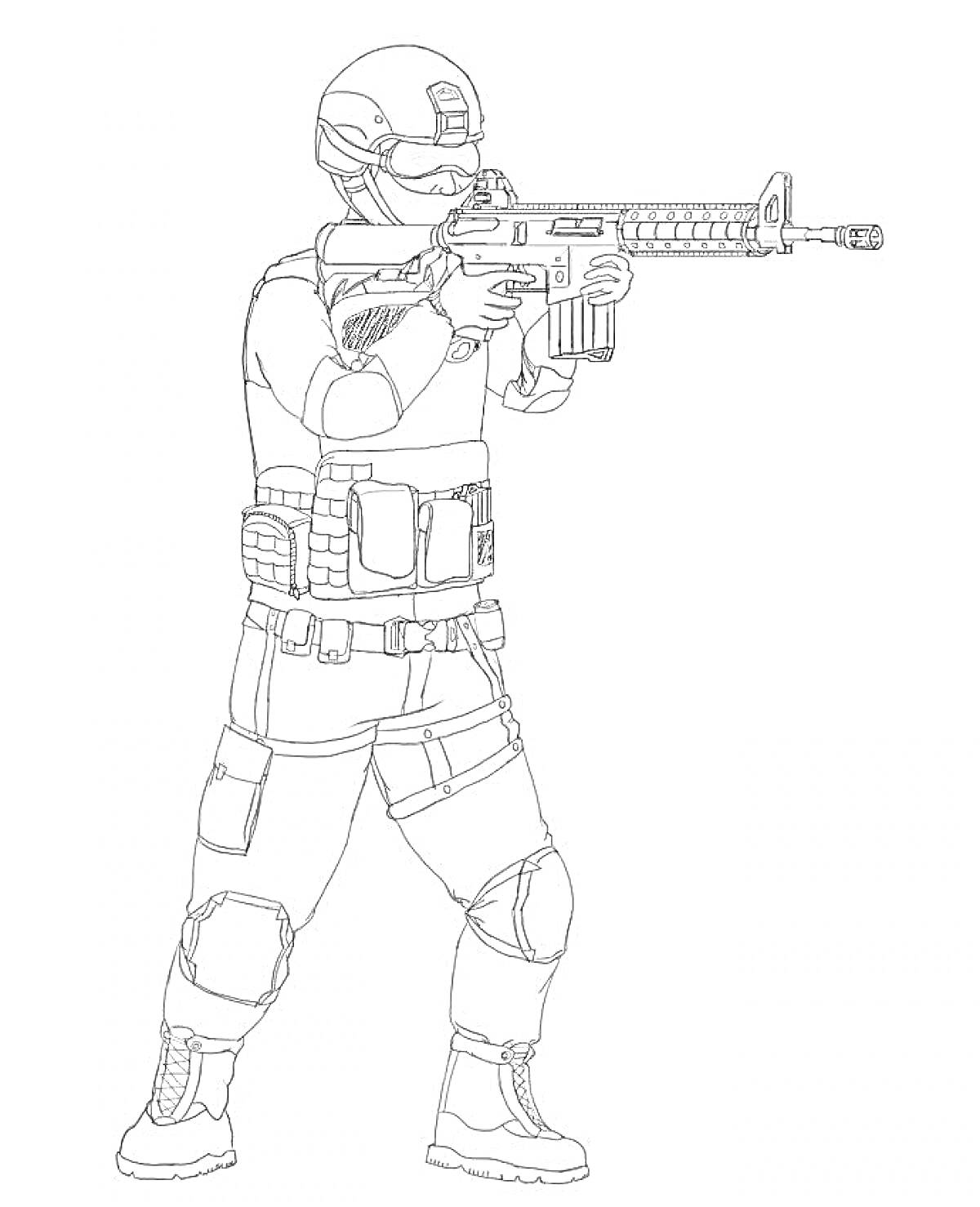 Раскраска Солдат в полной боевой экипировке, шлем с очками, тактический жилет, брюки с наколенниками, ботинки, автоматическая винтовка