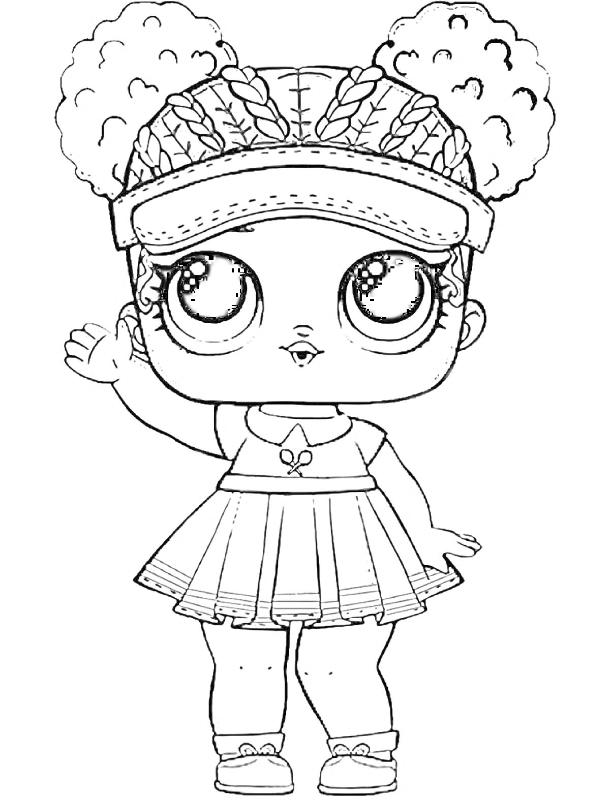 Раскраска Кукла Лол с кудрявыми волосами, в бейсболке, коротком платье и туфельках, машущая рукой