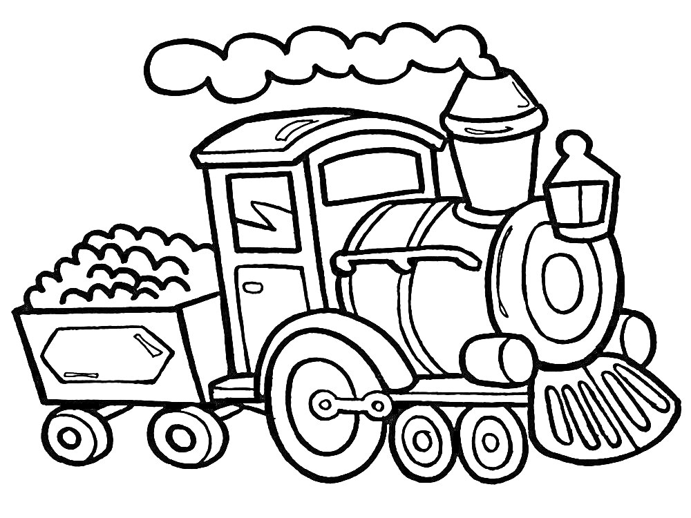 На раскраске изображено: Паровоз, Прицеп, Дым, Поезд, Транспорт, Из мультфильмов, Угол, Для детей