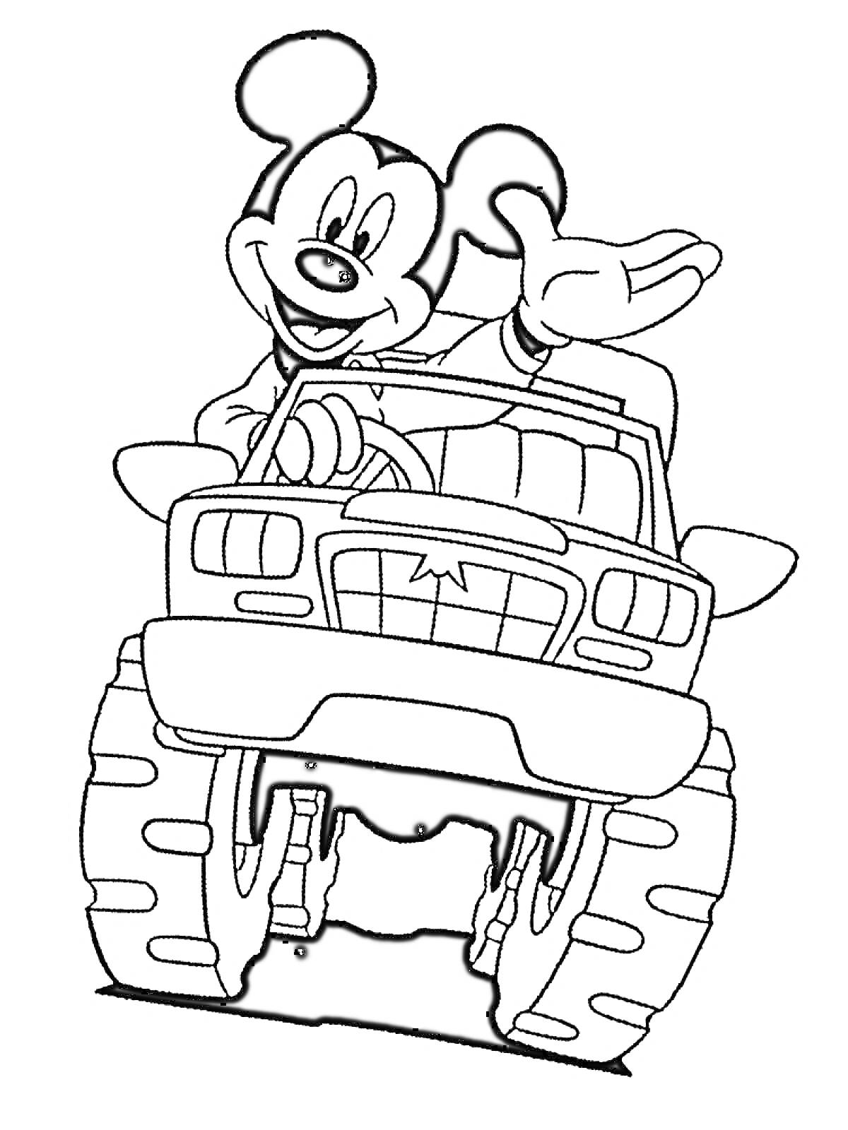 Раскраска Микки Маус за рулём внедорожника