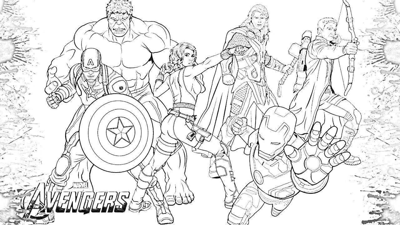 На раскраске изображено: Мстители, Супергерои, Капитан америка, Халк, Черная вдова, Тор, Железный человек, Соколиный Глаз, Комиксы, Марвел, Для детей