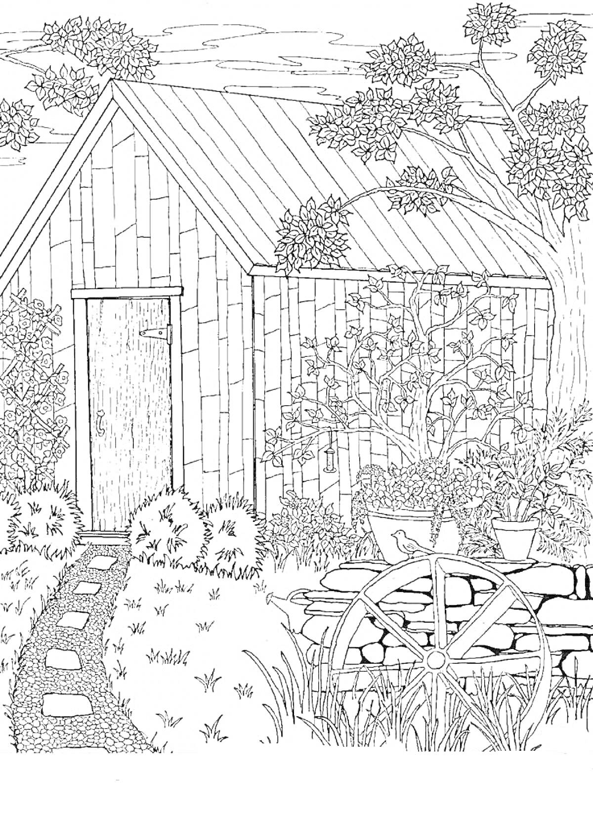 РаскраскаДеревянный сарай в саду с цветущими растениями, садовой телегой и деревьями