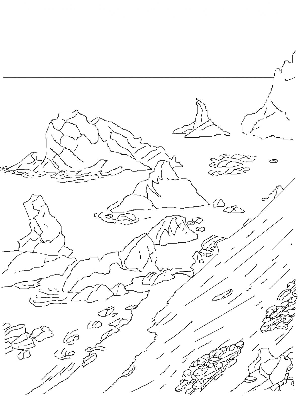 На раскраске изображено: Антарктида, Лед, Скалы, Берег, Природа, Пейзаж, Океаны