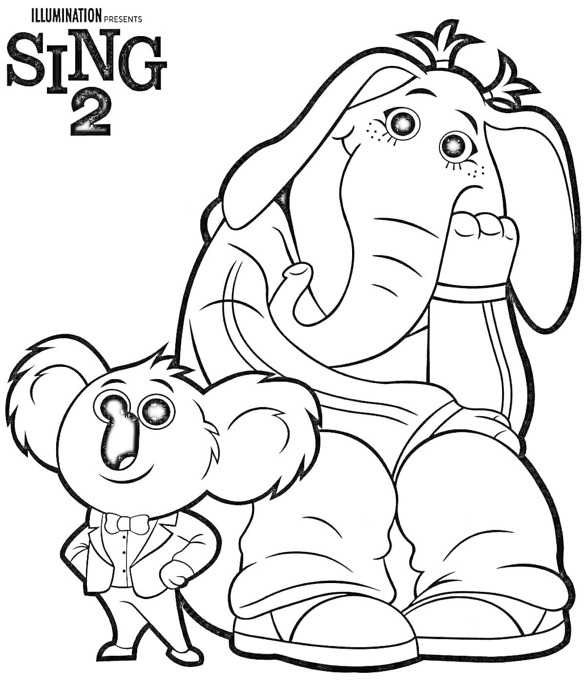 Раскраска Sing 2, коала в костюме и слоненок