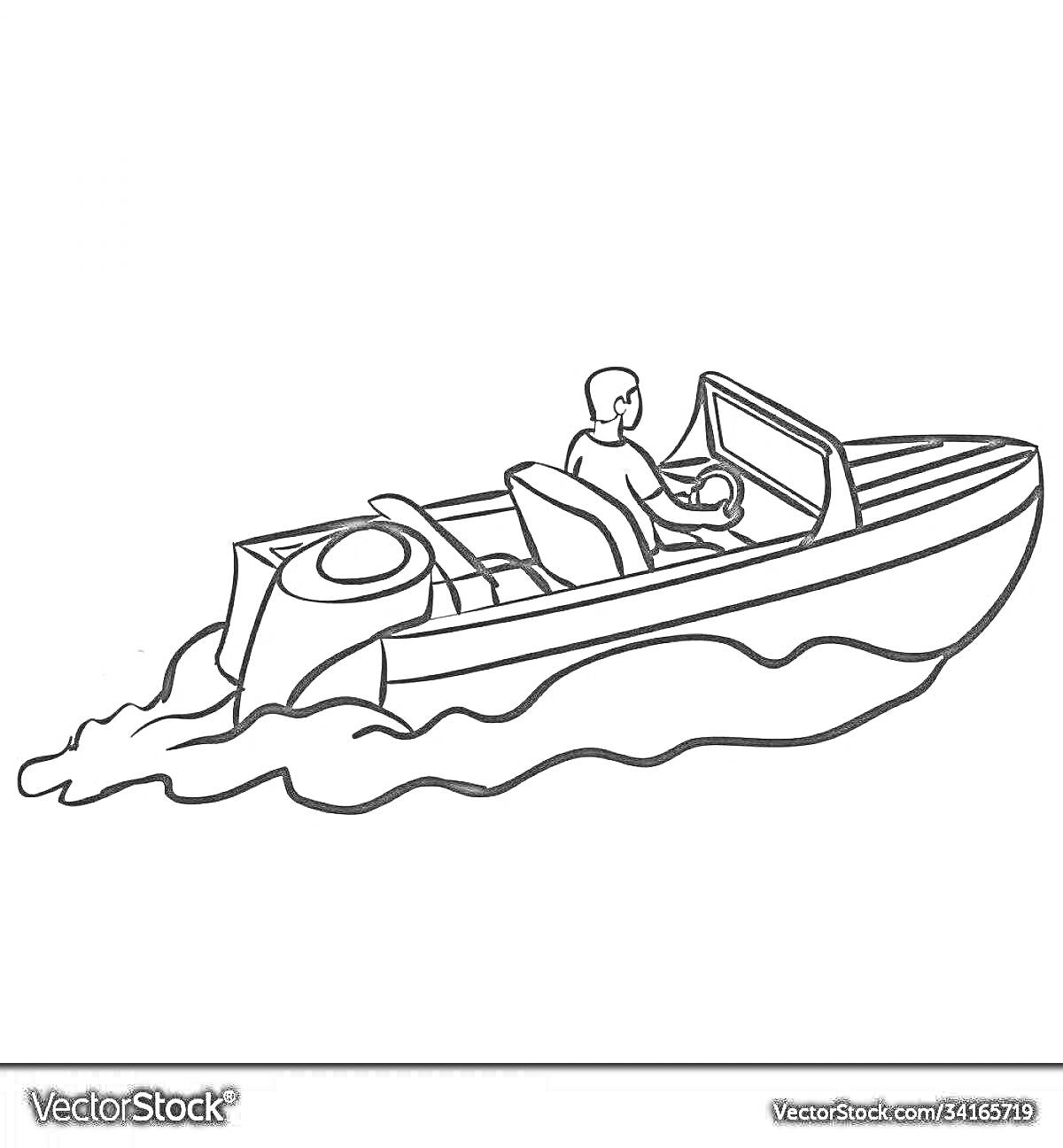 На раскраске изображено: Моторная лодка, Мотор, Человек, Вода, Движение, Лодка, Волны