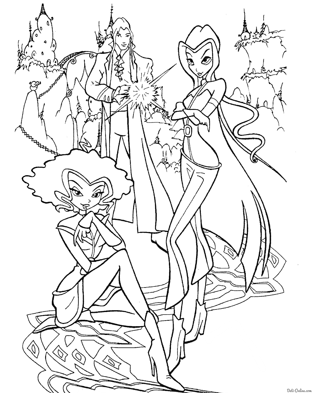 Раскраска Три персонажа в волшебной одежде на фоне фантастического замка