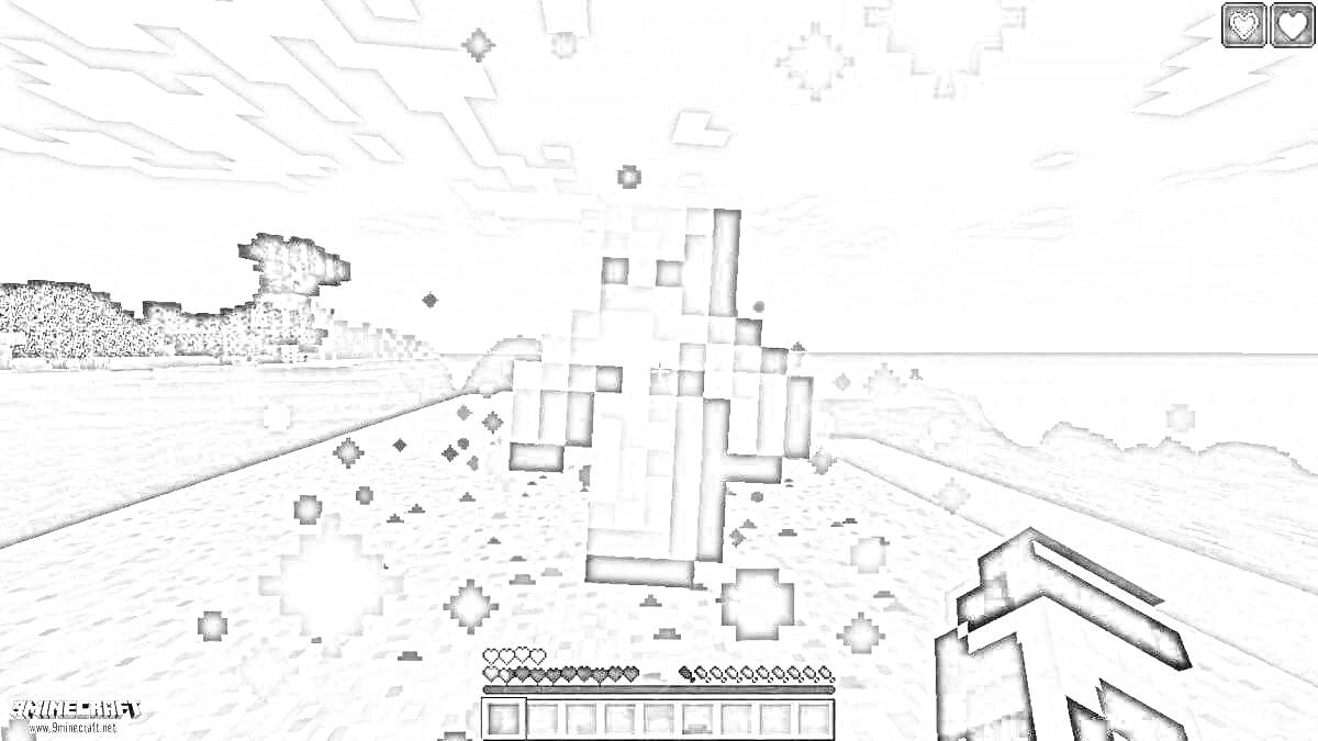 Раскраска Игрок с тотемом бессмертия в руках на пляже в Minecraft